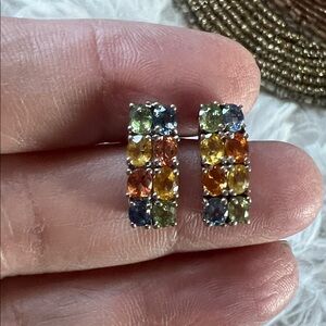 Rainbow Sapphire Huggie Earrings 925 Sterling Silver Multi-Color Gemstone Hoops